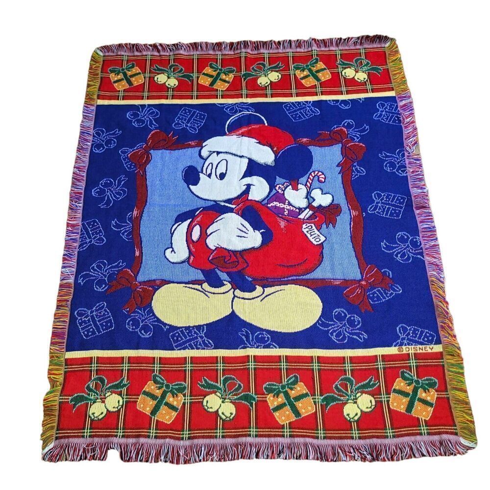 Disney Mickey Mouse Santa Claus Woven Tapestry Throw Blanket Christmas For Pluto
